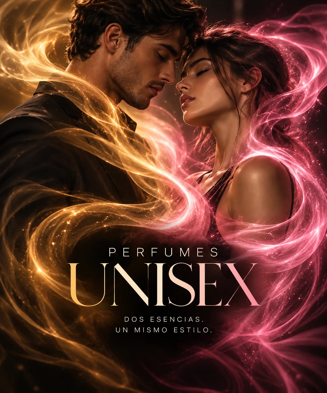 Perfumes Unisex. Dos esencias, un mismo estilo. Hombre y mujer entrelazados por estelas doradas y rosadas.
